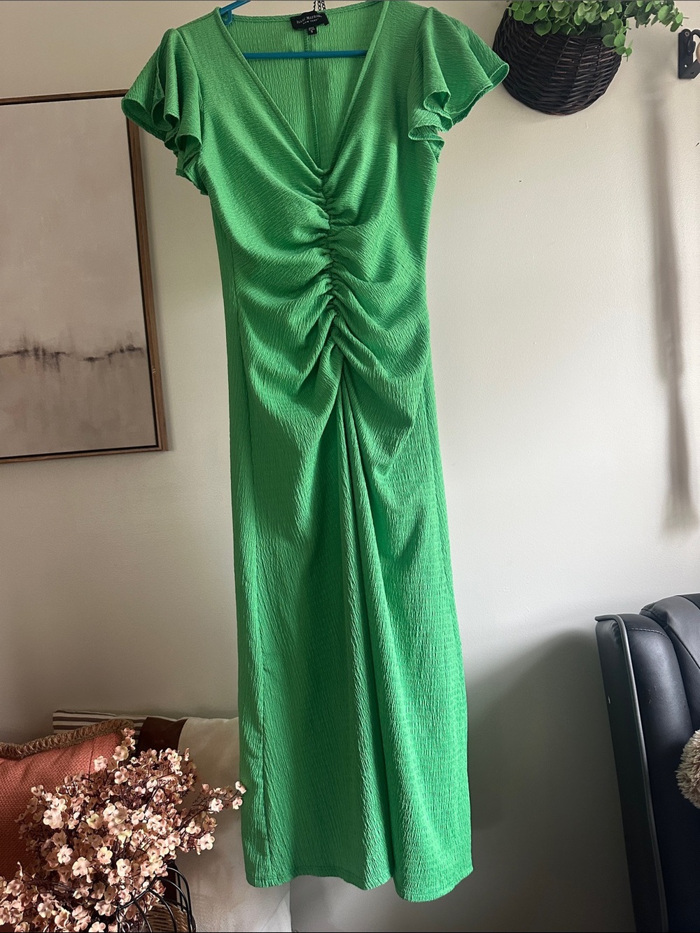 Isaac Mizrahi Bright Green Ruched V-Neck Maxi Dress